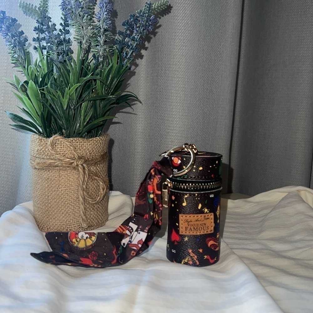 NWOT Mini Vintage Print Barrel Zipper Keychain Bag, Brown